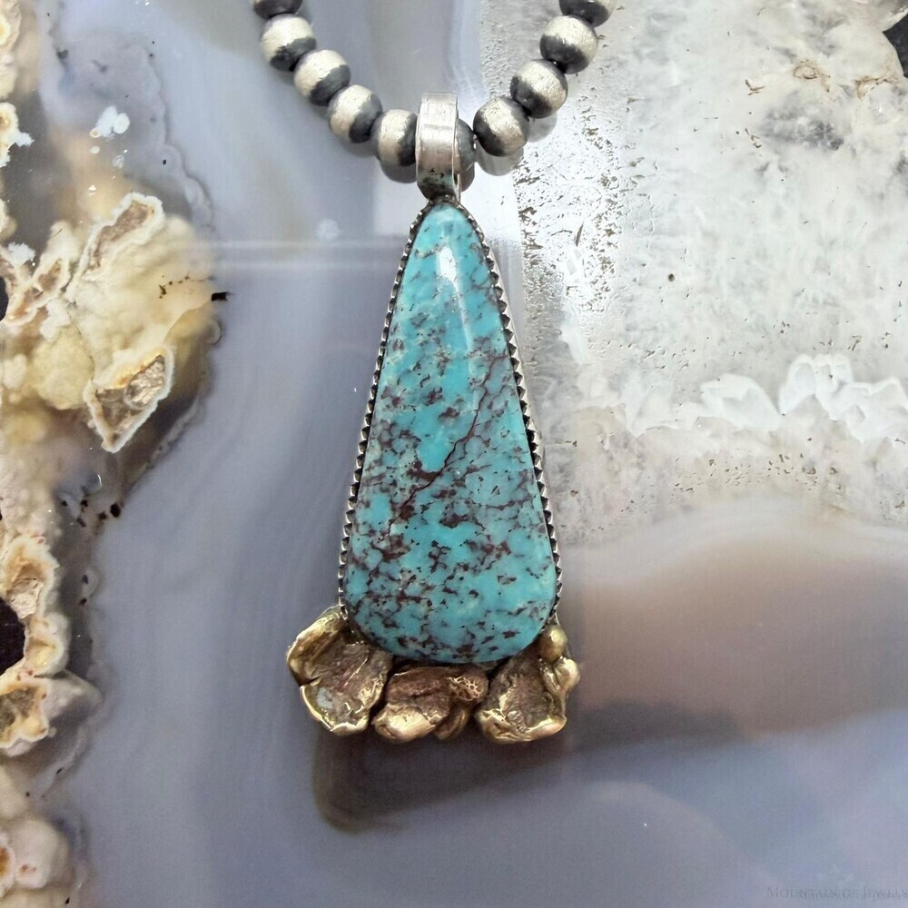 Anthony Lujan Taos Puablo Silver & Brass Triangle Turquoise Pendant For Women